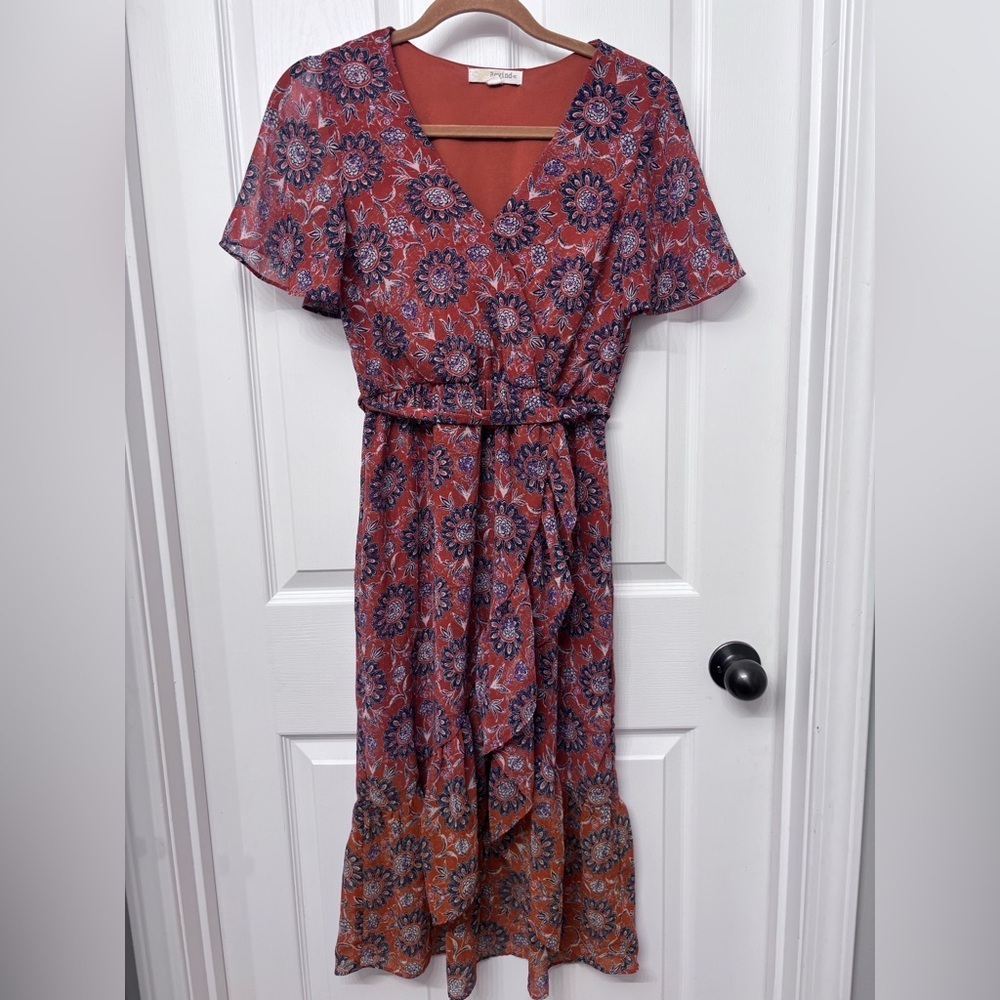 Burnt Orange Floral Wrap Midi Dress | Rewind Size S